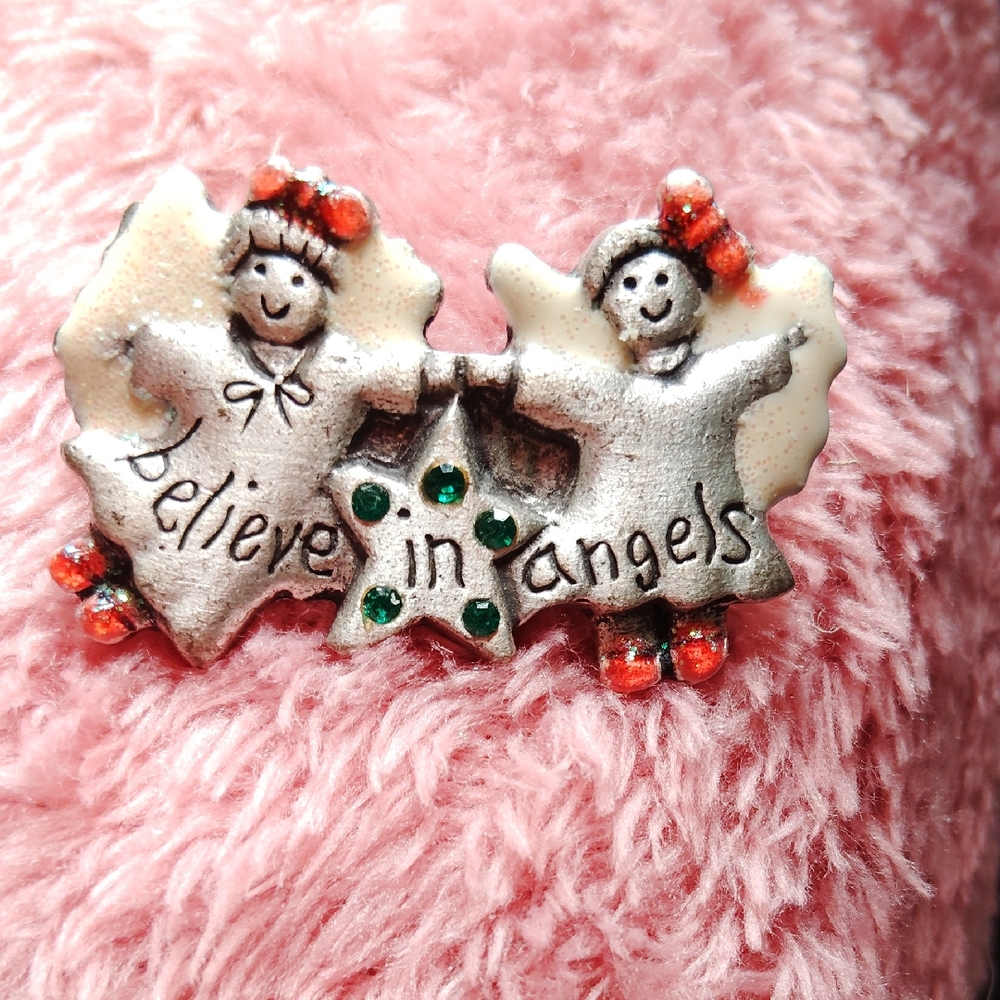 Silver Angel Brooch with Green and Red Accents Believe